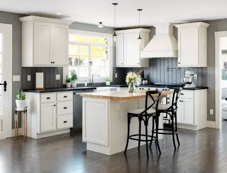 white cabinets with black chairs and island